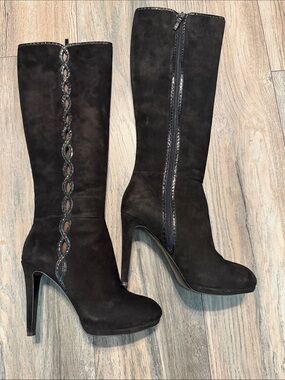 Elie Tahari Black Suede High-Heel Knee Boots with Braided Detail